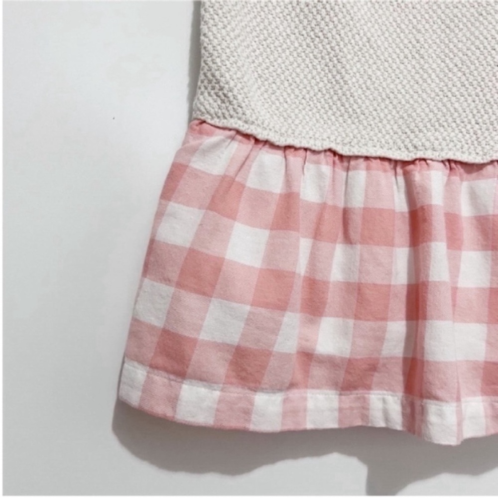 Zara BabyGirl sweater dress tan red gingham knit cap sleeves drop waist - Picture 4 of 8